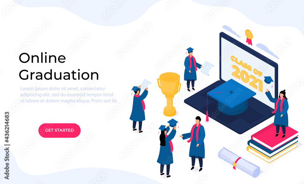 Isometric Graduation Vetor de Virtual online graduation ceremony. Tiny isometric graduates ...