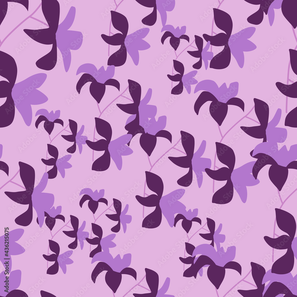 Bright seamless pattern with doodle hawaii tropical flowers silhouettes. Purple and lilac colors. Random print.