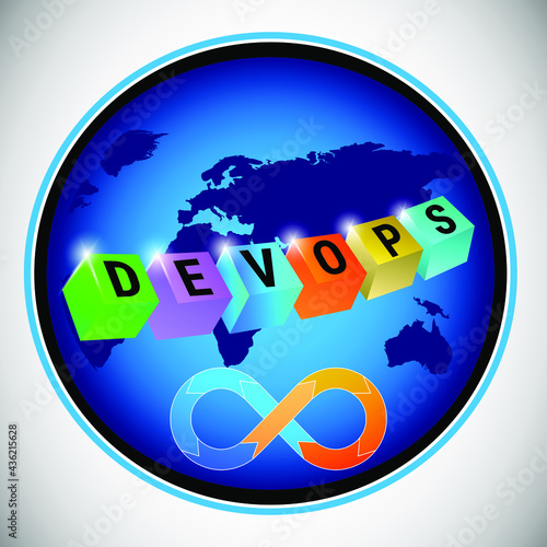 DevOps Concept, vector 3d text blocks on world map background in globe shape with devops symbol at the bottom