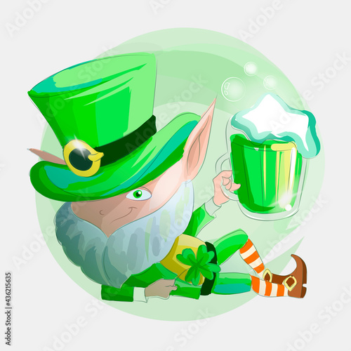 Saint Patricks day. 17 March. Leprechaun with beer, isolated. Vector symbol, watercolor design. Usable for banners, greeting cards, flyers and posters. Typography, colorful logo
