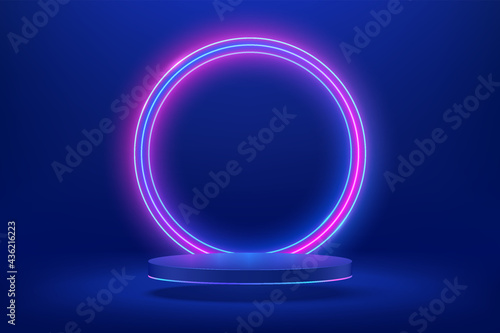 Abstract shiny blue cylinder pedestal podium. Sci-fi blue abstract room concept with circle glowing neon lighting. Vector rendering 3d shape, Product display presentation. Futuristic wall scene.