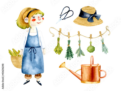 Garden tools watercolor elements set