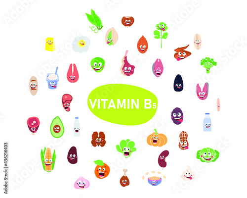 Vitamins in products. Image of food products containing vitamins B5. Vitamins in food. A healthy and nutritious diet.