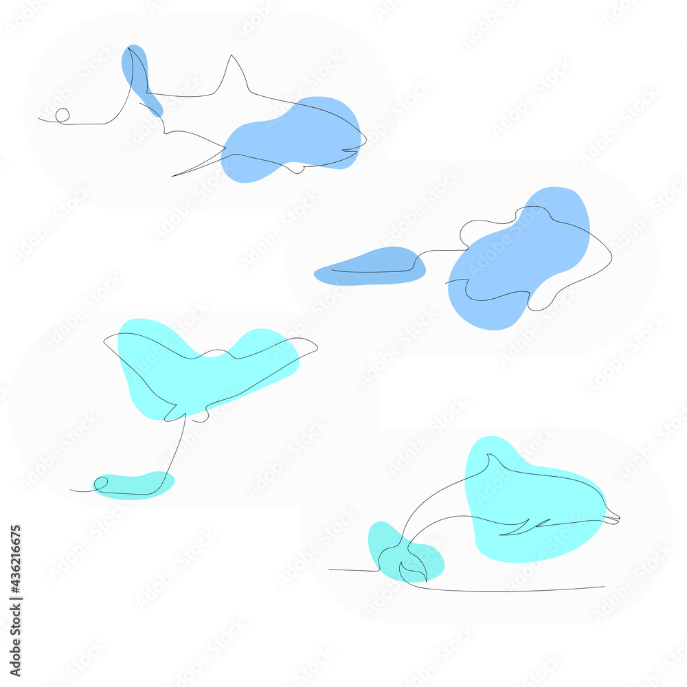 A set of designs in one line. One line. A set of fish. Print. Dolphin, stingray, fish, shark poster.