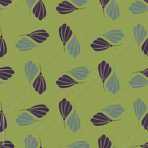 Nature seamless pattern with flowers grey and purple silhouettes print. Green background. © Lidok_L