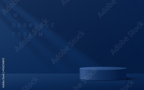 Abstract dark blue cylinder platform podium with copy space. Window lighting. Luxury minimal wall scene. Geometric pedestal with shadow. Vector rendering 3d shape for Product display presentation.