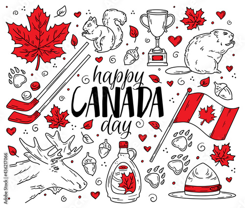 Happy National Day of Canada, a set of traditional symbols and icons in the Doodle sketch style. Vector concept for greeting cards, banners and posters. Flag, maple leaves and animals.