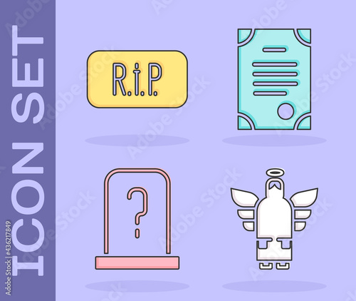 Set Christmas angel, Speech bubble rip death, Grave with tombstone and Death certificate icon. Vector