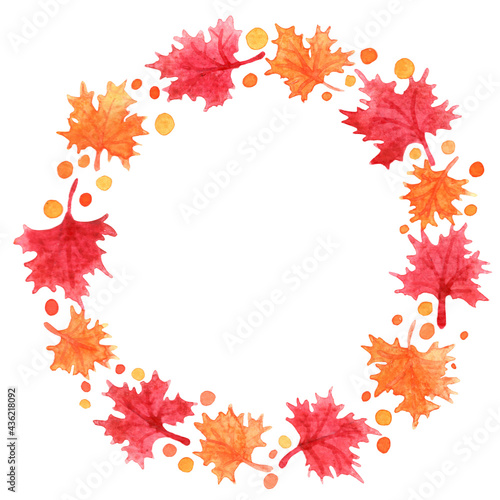 Red and orange color maple leaves wreath for decoration on Autumn and Thanksgiving festival.