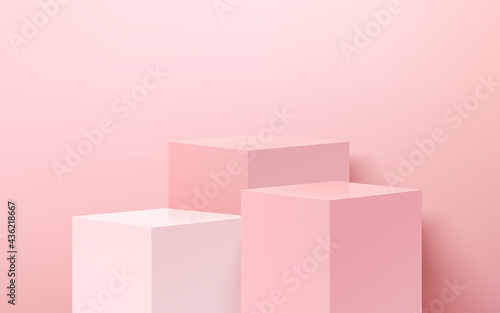 Abstract vector rendering 3d shape for cosmetic products display presentation. Modern light pink and white cubes pedestal podium with pastel empty room background. Minimal scene studio room concept.