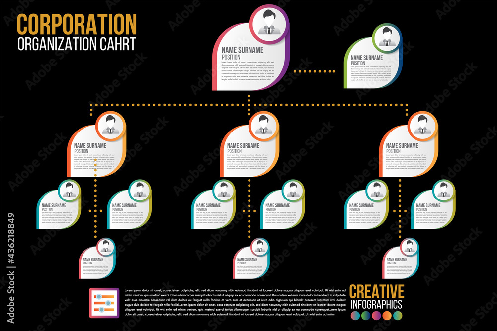 Corporate organization chart black template with business people icons. Vector modern infographics and simple with profile illustration.Corporate hierarchy and human model connection. - obrazy, fototapety, plakaty 
