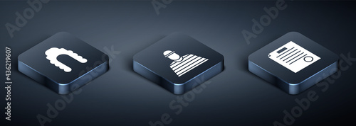 Set Isometric Judge wig, The arrest warrant and Prisoner icon. Vector
