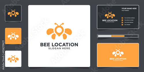 Creative Bee with pin location symbol logo design and business card
