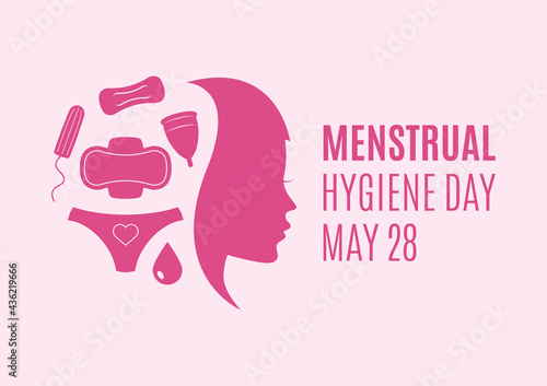 Menstrual Hygiene Day vector. Women's menstrual products icon set vector. Menstrual pad, tampon, cup icons vector. Young woman face profile pink silhouette vector. Important day photo