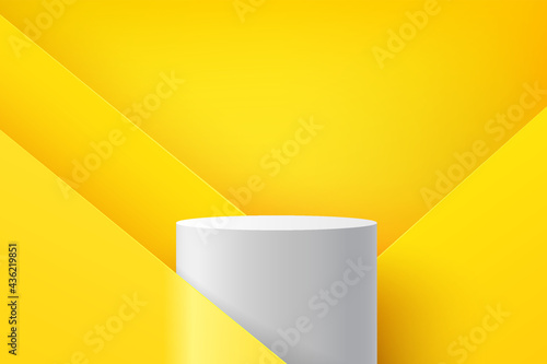 Modern white cylinder podium with yellow empty room and geometric pattern background. Abstract vector rendering 3d shape for advertising product display. Pastel minimal scene studio room concept.