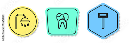 Set line Shower head, Broken tooth and Shaving razor. Colored shapes. Vector