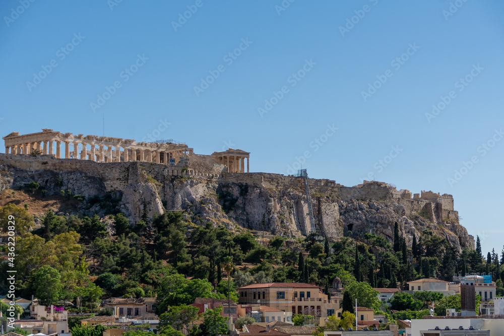 Panoramic view of Athens old town and the Parthenon Temple of the Acropolis on a sunny day