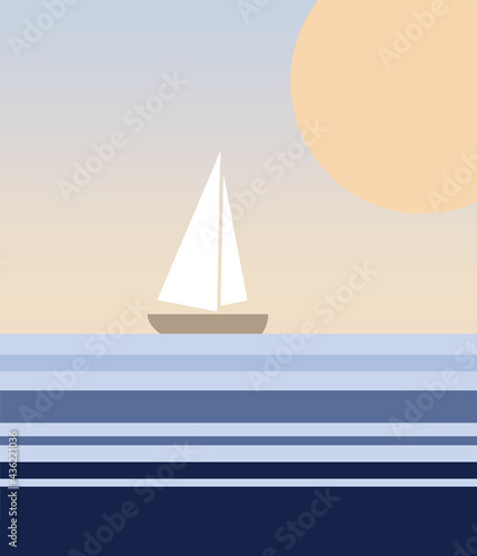 Abstract geometric sailing illustration at sunset with sailing boat, sun and striped sea decoration
