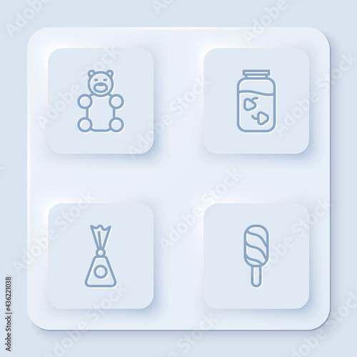 Set line Jelly bear candy, Strawberry jam jar, Candy and Ice cream. White square button. Vector