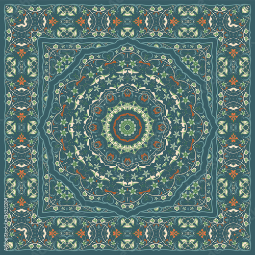 Ancient Arabic square pattern. Colored Persian ornament for fabric design, interior decoration, textile scarf, carpet.