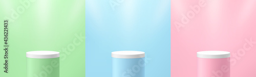 Set of green, blue, pink round cylinder pedestal podium display on empty room background. Abstract modern vector rendering 3d shape for cosmetic products presentation. Pastel minimal scene room.