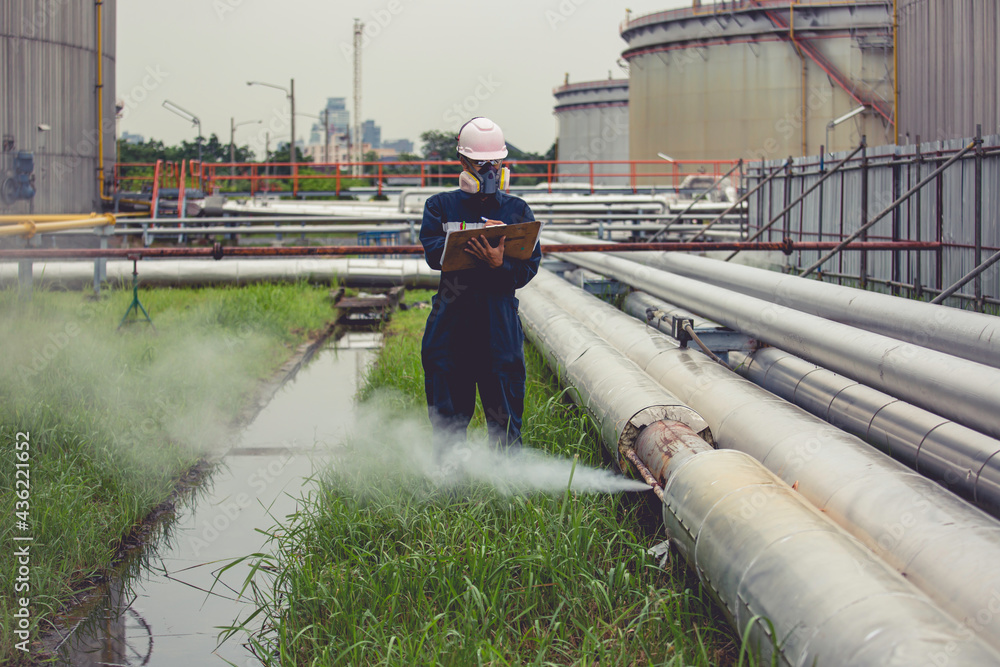 Male worker inspection visual pipeline oil and gas corrosion rust ...