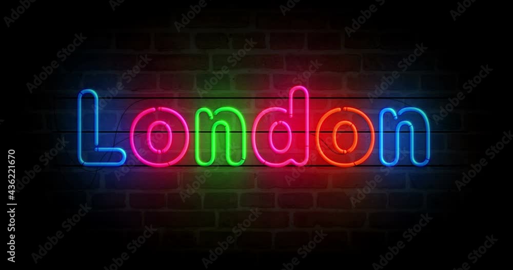 London neon symbol on brick wall. Light color bulbs with city club sign. Loopable and seamless abstract concept animation. London neon symbol on brick wall. Light color bulbs with city club sign. Loopable and seamless abstract concept animation.