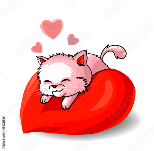 Valentine's day greeting card, banner, poster, flyer template. Cute pink kitten sleeping on a pillow in the form of a heart. Isolated