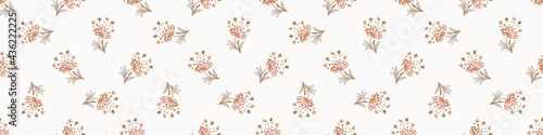 Seamless minimalist doodle flower border pattern. Calm earthy color edge banner. Simple modern scandi unisex baby design. Organic childish gender neutral masking tape design. Hand drawn floral trim.