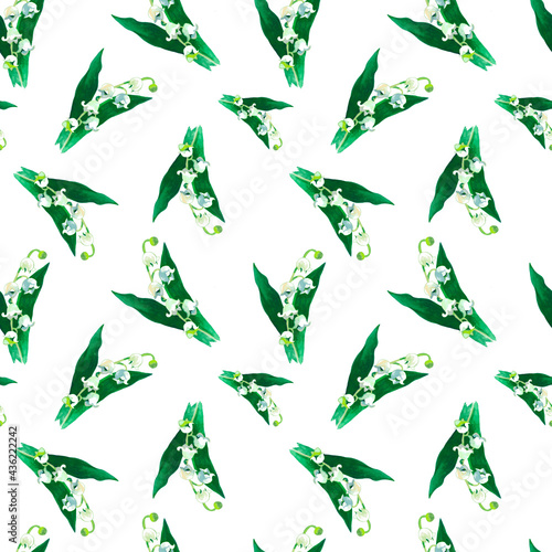 Watercolor lily of the valley with green leaves isolated on white background seamless pattern for all prints. Romantic pattern. Hand painted.