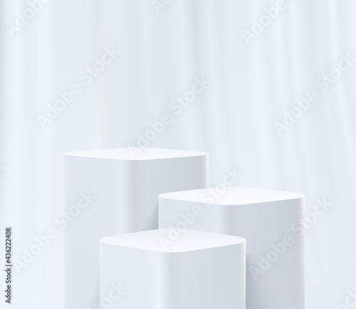 Modern white round corner cube pedestal podium, White curtain and empty room. Abstract vector rendering 3d shape, Cosmetic products display presentation. Minimal scene studio room.