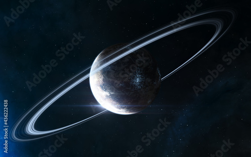 Inhabited planet in deep space with satellite. Beautiful cosmic landscape. Science fiction. Elements of this image furnished by NASA photo