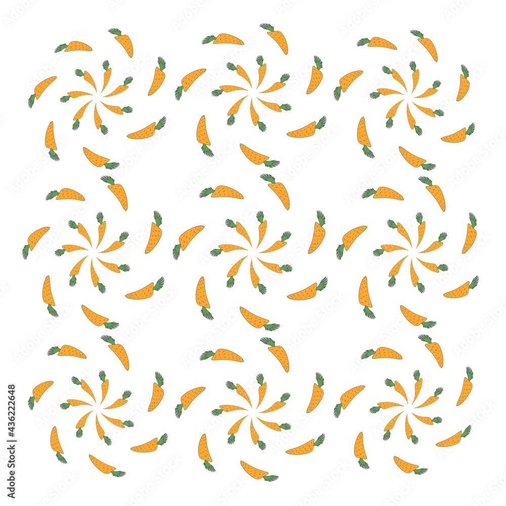 Cartoon style illustration of orange carrots with decorative waves. Great design elements for a sticker, postcard, print, or poster. Unique pattern isolated on a white background. The art of food. Cartoon style illustration of orange carrots with decorative waves. Great design elements for a sticker, postcard, print, or poster. Unique pattern isolated on a white background. The art of food.
