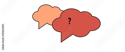 Dialog boxes on a white background, red and orange. One cloud has a question mark. dialog, chat, conversation.