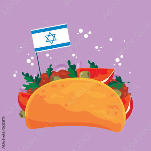 Falafel cartoon with Israeli flag. Pita, traditional Jewish food. Vegetarian falafel with vegetables isolated