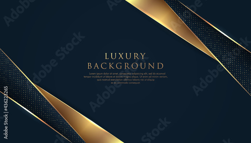 Abstract geometric triangles overlapping on dark navy blue background with glitter and golden lines glowing dots golden combinations. Luxury and elegant design. Vector illustration