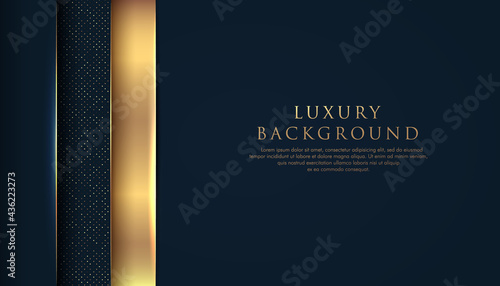 Abstract geometric overlapping on dark navy blue background with glitter and golden lines glowing dots golden combinations. Luxury and elegant design. Vector illustration