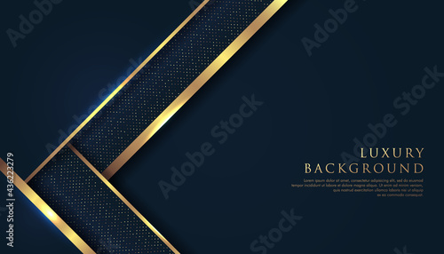 Abstract geometric triangles overlapping on dark navy blue background with glitter and golden lines glowing dots golden combinations. Luxury and elegant design. Vector illustration