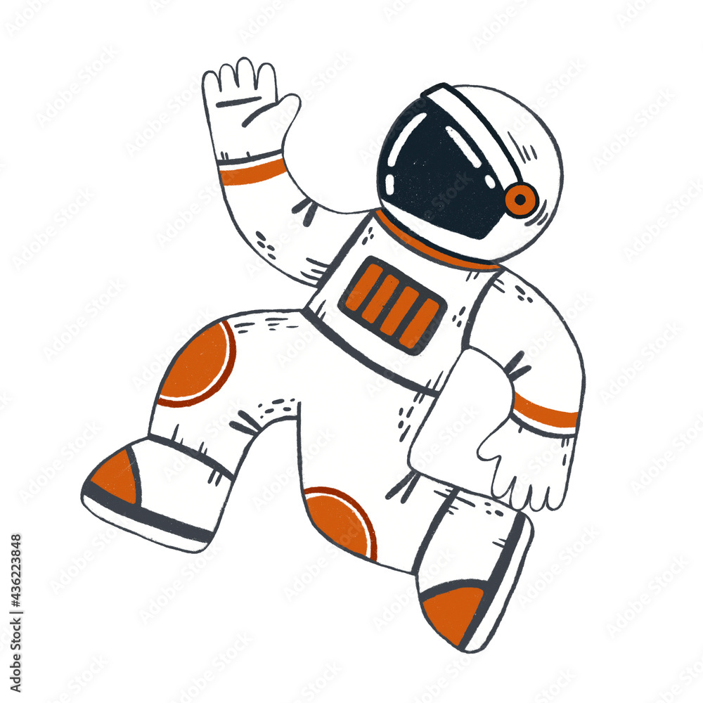 Fototapeta premium Astronaut illustration. Fantasy flat isolated character. Cartoon style of illustration. Cosmic explorer. Universe adventure. Person at spacesuit. Astronomy sketch. Symbol of future. Cosmos concept.