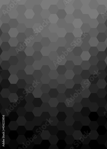 Hexagon mosaic pattern. Abstract background black gradient from dark to bright. Texture design for publications, cover, poster, leaflet, flyer, brochure, banner, wall, website. Vector illustration.