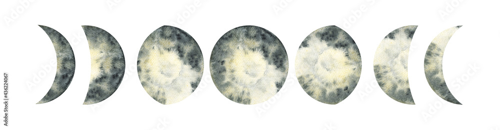 Watercolor moon phase illustration. Hand drawn design elements for wedding invitations, greeting cards, logo design and other.