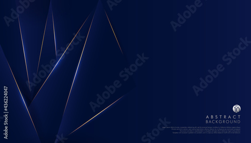 Abstract dark navy blue premium background with luxury triangles pattern and gold lighting lines. You can use for cover brochure template, poster, banner web, print ad, etc. Vector illustration