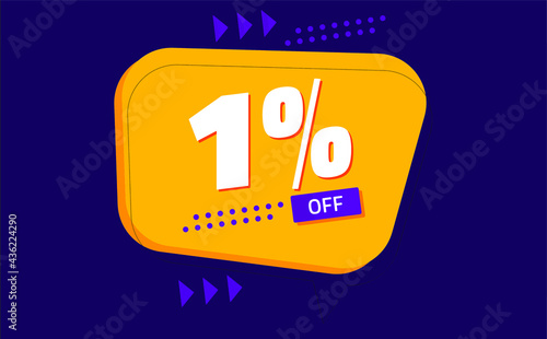 One percent discount. purple banner with orange floating balloon for promotions and offers