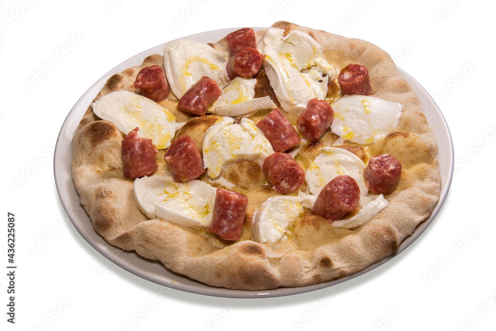 Pizza with mozzarella and raw sausage from Bra, Piedmont, Italy. Isolated on white Pizza with mozzarella and raw sausage from Bra, Piedmont, Italy. Isolated on white