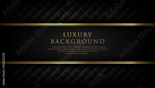 Abstract luxury black stripe with gold border on the dark geometric texture background. VIP invitation banner with copy space. Premium and elegant style. Vector illustration.