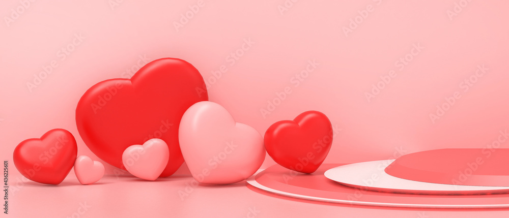 lovely joyful concept. Valentine's day Background and Red Heart Shape with Podium and greeting card. 14th february, Love postcard, copy space, Women's day, Family Day- 3d rendering