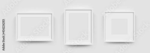 Photo picture frames on wall, vector white mockups or empty posters. Empty photo frames mockups for pictures or photograph, realistic 3D blank templates photo