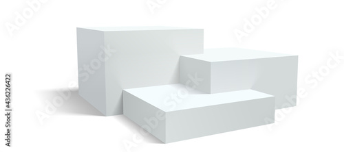 Podium pedestal, vector display platform or 3D stage stand, realistic racked dais. White studio podium background or product display pedestal platform pillars
