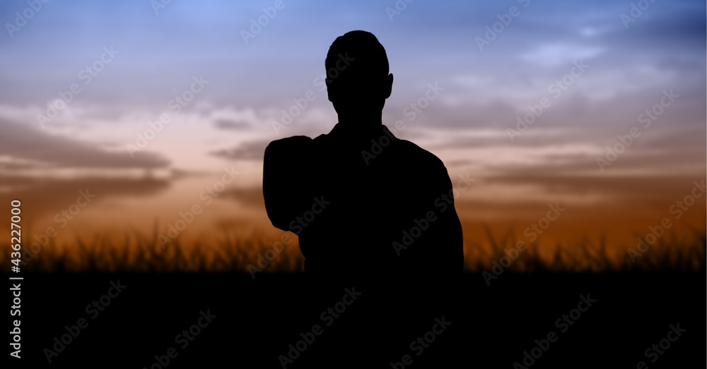 Composition of silhouette of male martial artist over sky with sun setting