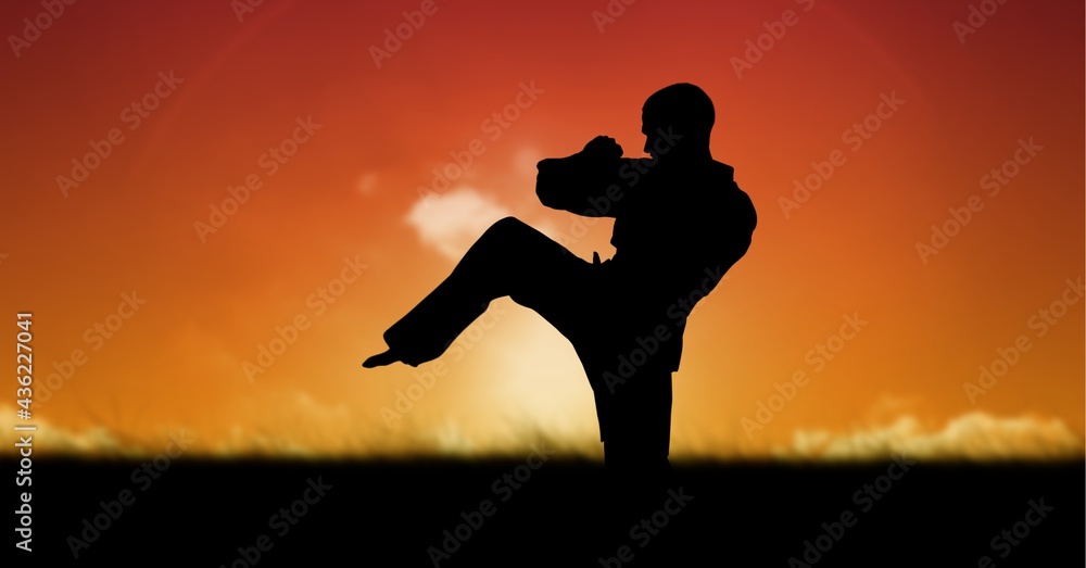 Composition of silhouette of male martial artist over orange sky with sun setting